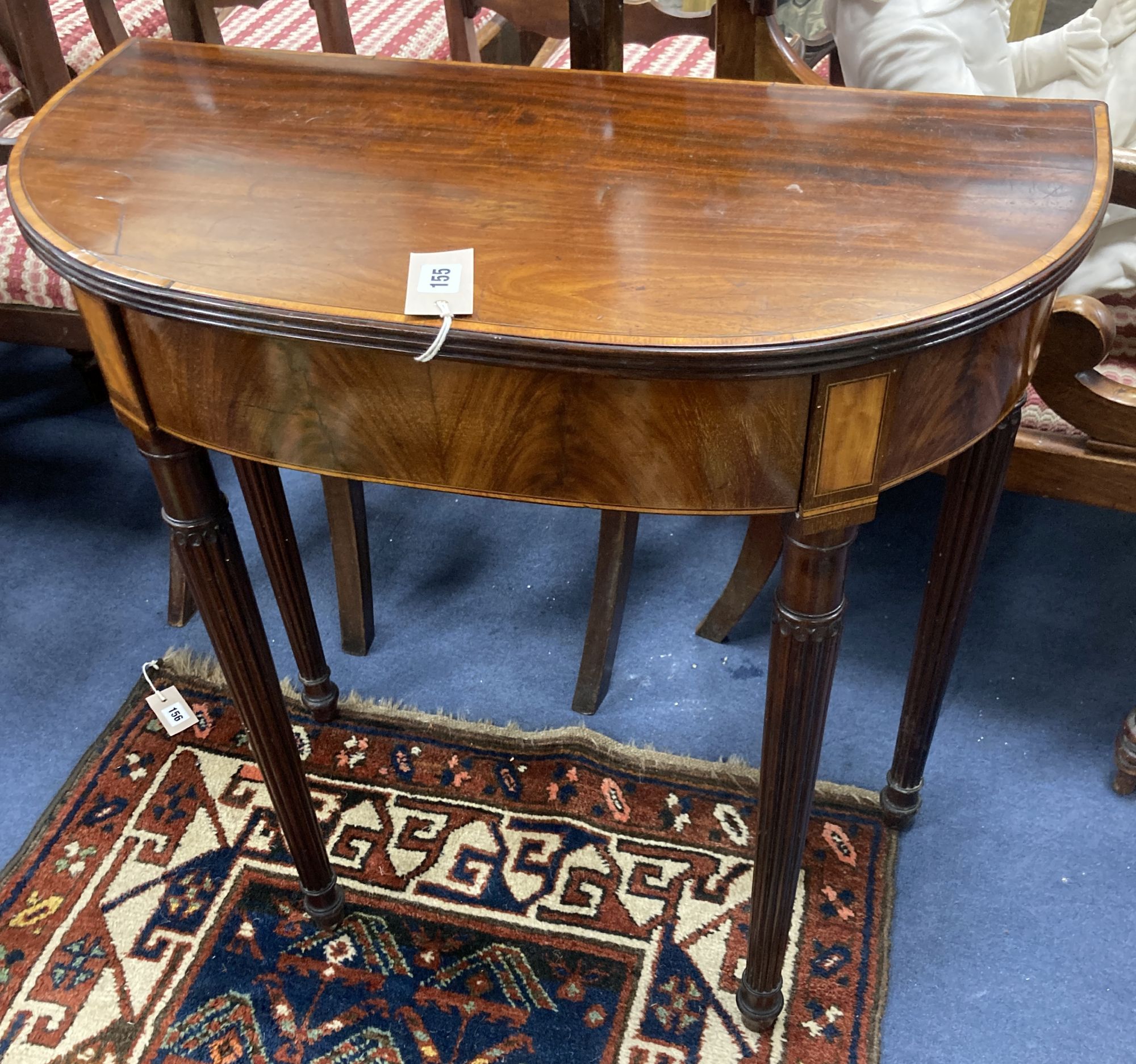 A late George III satinwood banded mahogany D shaped side table, fitted frieze drawer, width 71cm, depth 35cm, height 75cm